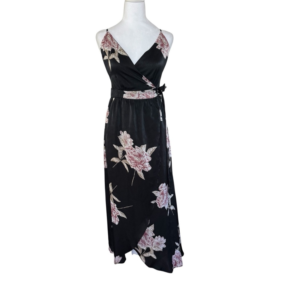 Urban Outfitters Black Satin Floral Wrap Maxi Dress S - Picture 4 of 13